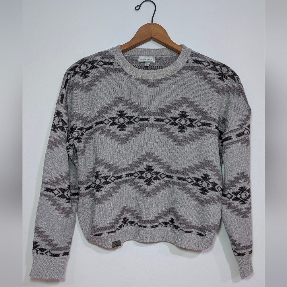 Simply Southern Women's XL Gray Aztec Southwestern Knit Crop Top Sweater